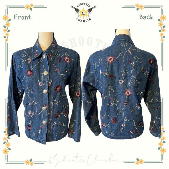 Units Womens Denim Floral Embroidered Jacket and Embellished Buttons Size Small - Picture 1 of 4